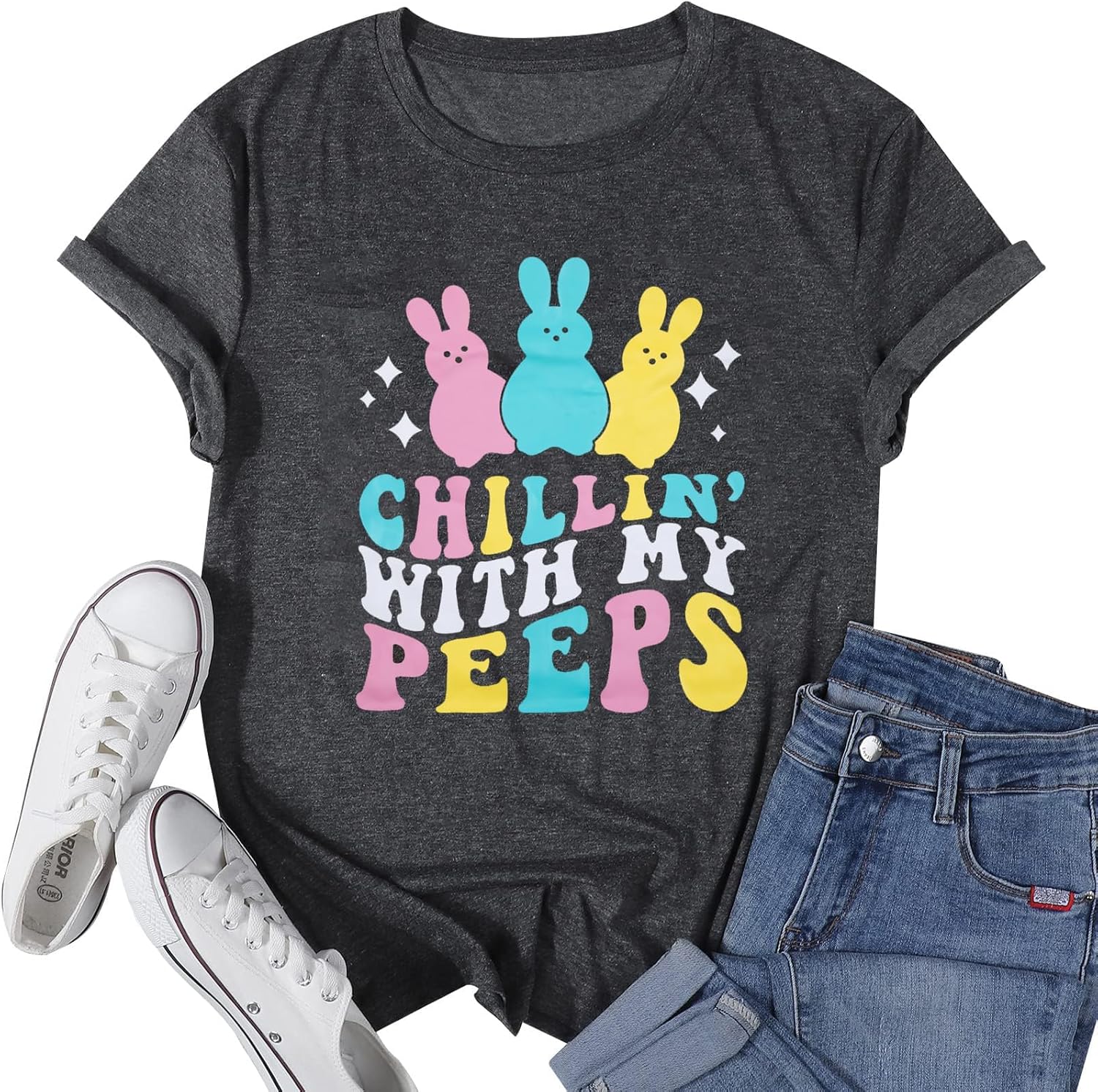 Women Happy Easter T Shirt: Bunny Rabbit Graphic T-Shirt Funny Chillin with My Shirts Short Sleeve Tops