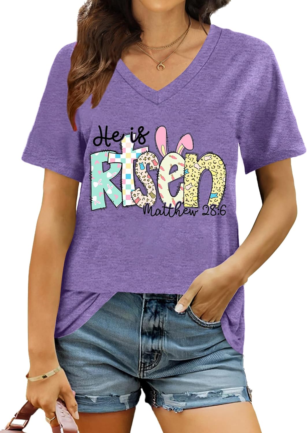 Easter Shirt Women Cute Bunny T Shirt Happy Easter Shirts Rabbit Graphic Easter Gift Tees Holiday V Neck Tops