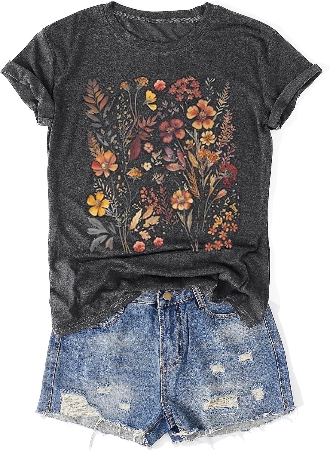 Womens Vintage Flowers T-Shirts Cute Floral Graphic Tees Wildflowers Cottagecore Tshirts Summer Casual Short Sleeve Tops