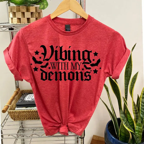 # 836 -  Halloween Vibing with My Demons - Print Unisex Crew neck Tee T-shirt Comfort Fabric Hoodie, Sweatshirt