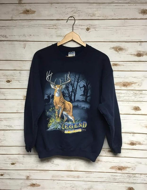 90's Whitetail Deer crewneck sweatshirt Buck crew neck sweatshirt faded black animal print wildlife sweatshirt - Short...