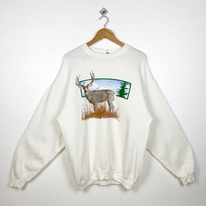 90s Art White-Tailed Deer Crewneck Sweatshirt T-Shirts, Hoodie | PureTeeCo.com