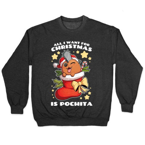 All I Want For Christmas Is Pochita Crewneck Sweatshirt T-Shirts, Hoodie | PureTeeCo.com (Image 1)