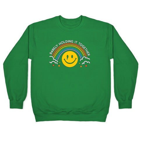 Barely Holding It Together Rainbow Smiley Crewneck Sweatshirt T-Shirts, Hoodie | PureTeeCo.com (Image 3)