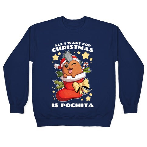 All I Want For Christmas Is Pochita Crewneck Sweatshirt T-Shirts, Hoodie | PureTeeCo.com (Image 4)