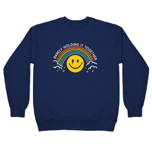 Barely Holding It Together Rainbow Smiley Crewneck Sweatshirt T-Shirts, Hoodie | PureTeeCo.com (Image 4)
