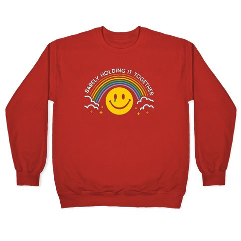 Barely Holding It Together Rainbow Smiley Crewneck Sweatshirt T-Shirts, Hoodie | PureTeeCo.com (Image 5)
