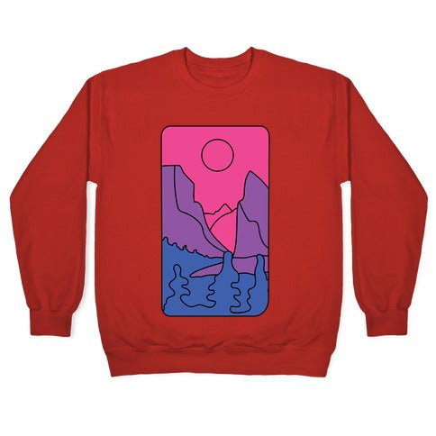 Groovy Pride Flag Landscapes: Bi Flag Crewneck Sweatshirt T-Shirts, Hoodie | PureTeeCo.com (Image 5)