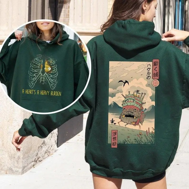 A Heart's A Heavy Burden 2 Sided Hoodie, Sweatshirt, T-shirt, Howls Moving Castle Tee, Studio Ghibli, Anime | PureTeeCo.com