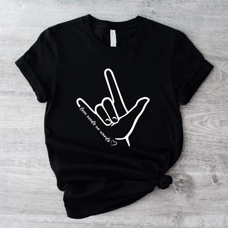 ASL Awareness Shirt, Love Needs No Words Tee, ASL Support T-shirt, Unisex Hand Sign Short Sleeve, Special Education Tee,...