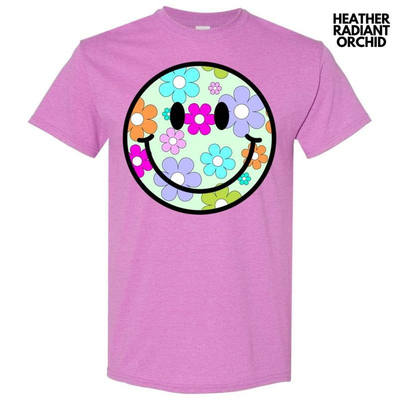 Adorable Floral Happy Face Gildan Short Sleeve T-Shirt 'NLB' Hoodie, Sweatshirt | PureTeeCo.com