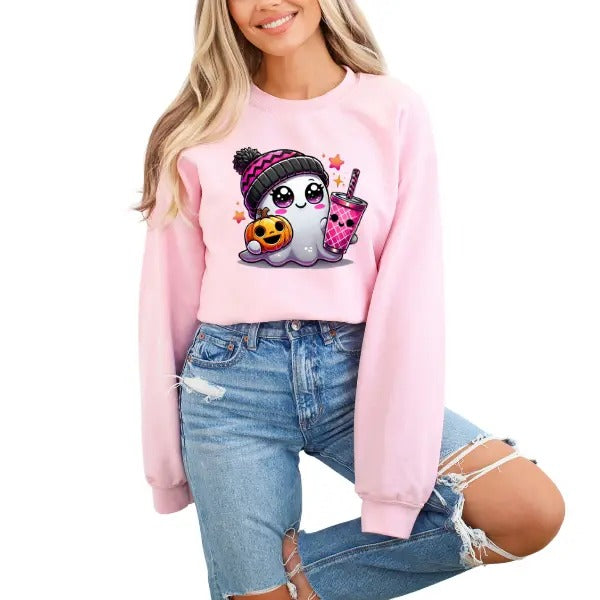 Adorable Pixie Ghost Sweatshirt - Doe-Eyed Ghost Holding Cup & Cute Jack O' Lantern | Pink Aesthetic for Girly Halloween...