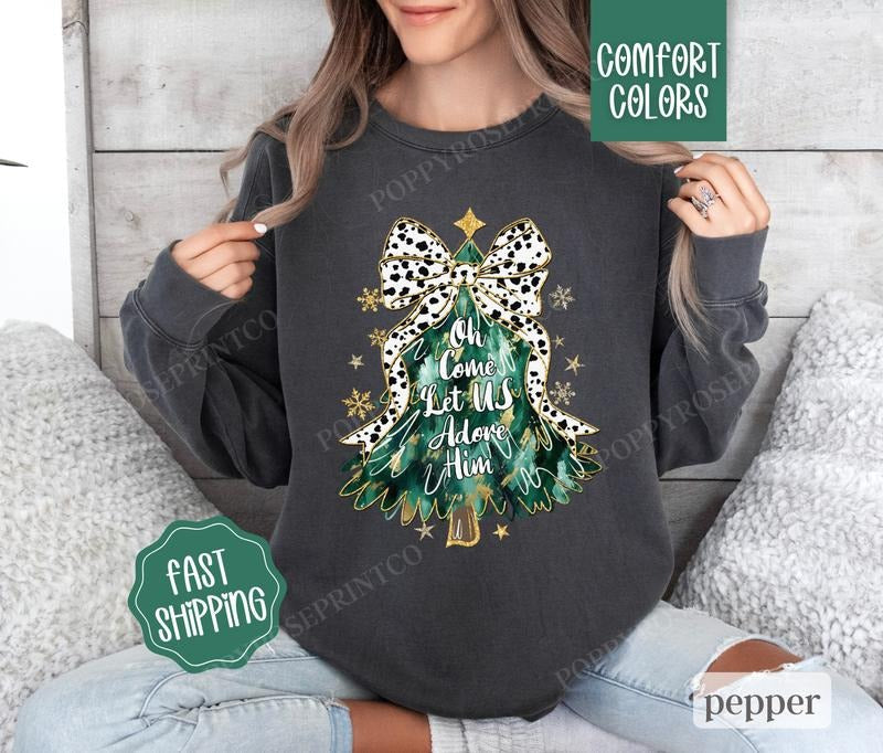 Adore Him Christmas Sweatshirt Comfort Colors,  Religious Christmas Sweater Womenswear,  Holiday Crewneck T-Shirts, Hoodie