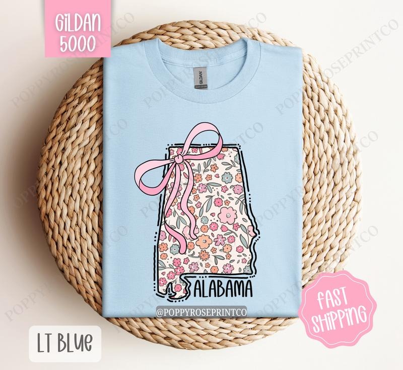 Alabama Gildan T-shirt, Cute Alabama State Shirt, Alabama Floral Bow Tee Hoodie, Sweatshirt | PureTeeCo.com
