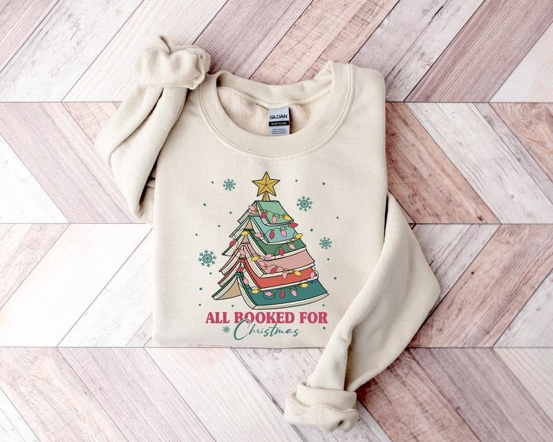 All Booked For Christmas Shirt Gift for Librarian, Bookworm Christmas Sweater, Christmas Book Tree Sweatshirt, Book...