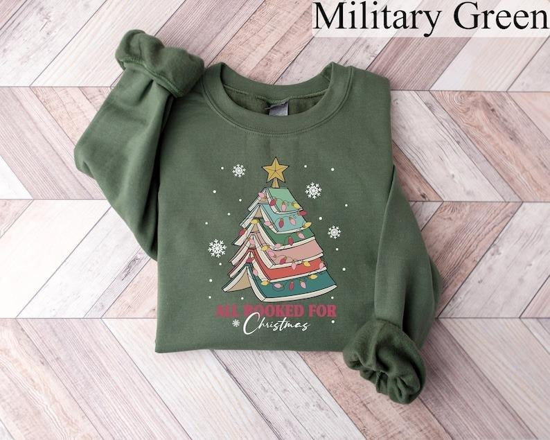 All Booked for Christmas Sweatshirt, Bookworm Christmas Hoodie, Christmas Gift for Teacher, Christmas Book Tree Hoodie,...