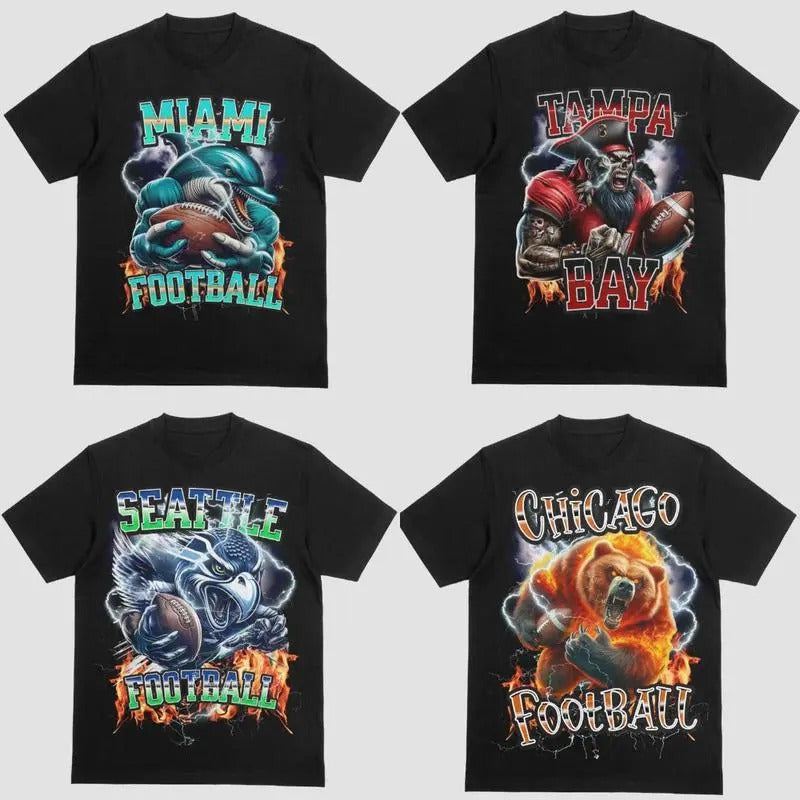 All Team Football Vintage Graphic Throwback Black Color T-shirt, Vintage Football Retro Style Casual Unisex Tee, Sport...
