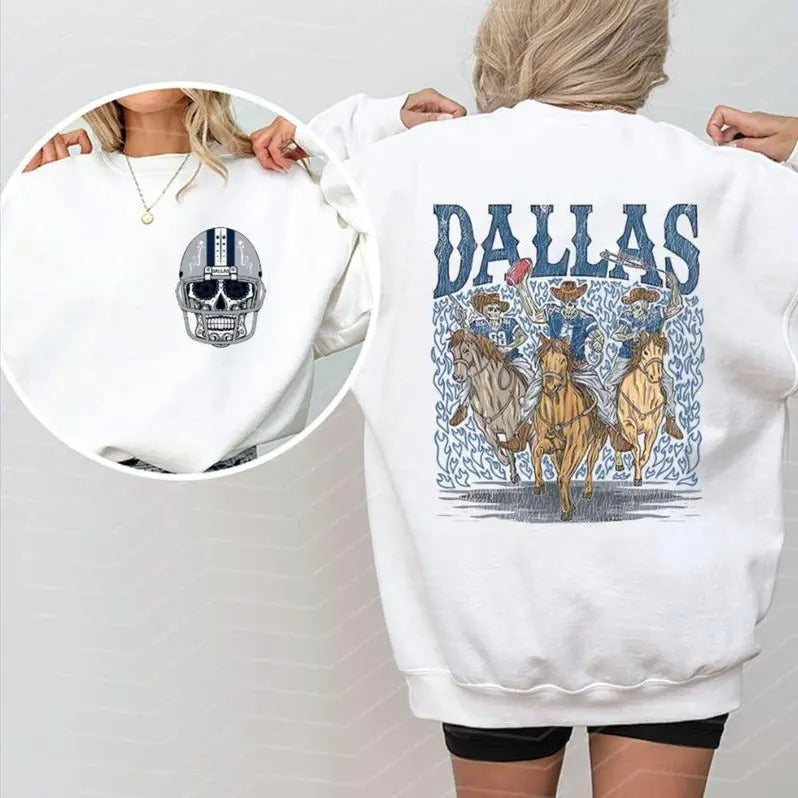 All Teams Football Skeleton Halloween 2 Side Sweatshirt, Dallas Denver Detroit Sport Shirt, Vintage Big Words Logo for...