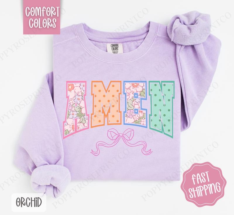 Amen Bow Comfort Colors Sweatshirt, Easter Women's Crewneck, Cute Women's Sweater T-Shirts, Hoodie | PureTeeCo.com