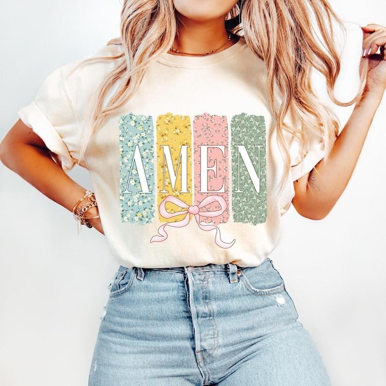 Amen Coquette Bow, Christian Easter, Bible Verse, Floral Spring, He is Risen Tshirt Hoodie, Sweatshirt | PureTeeCo.com