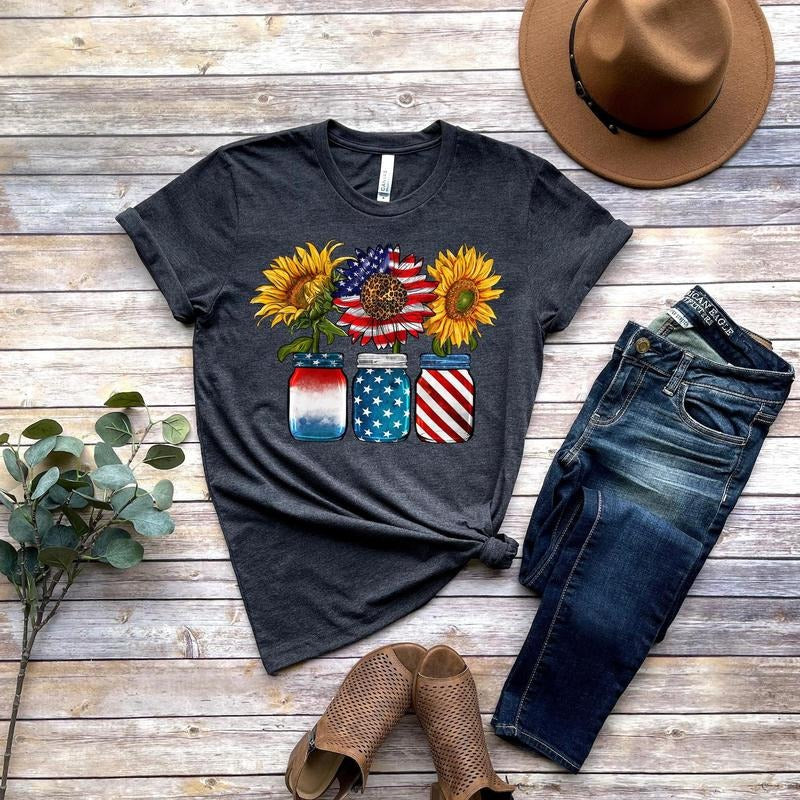 America Sunflower Shirt, USA Flag Flower T Shirt, Gift For American, 4th Of July Flag Graphic Tee, Freedom TShirt,...