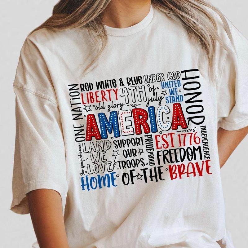 America Word Collage Shirt, 4th Of July T-Shirt, Patriotic Independence Day Tee, USA Pride Shirt, Red White and Blue...