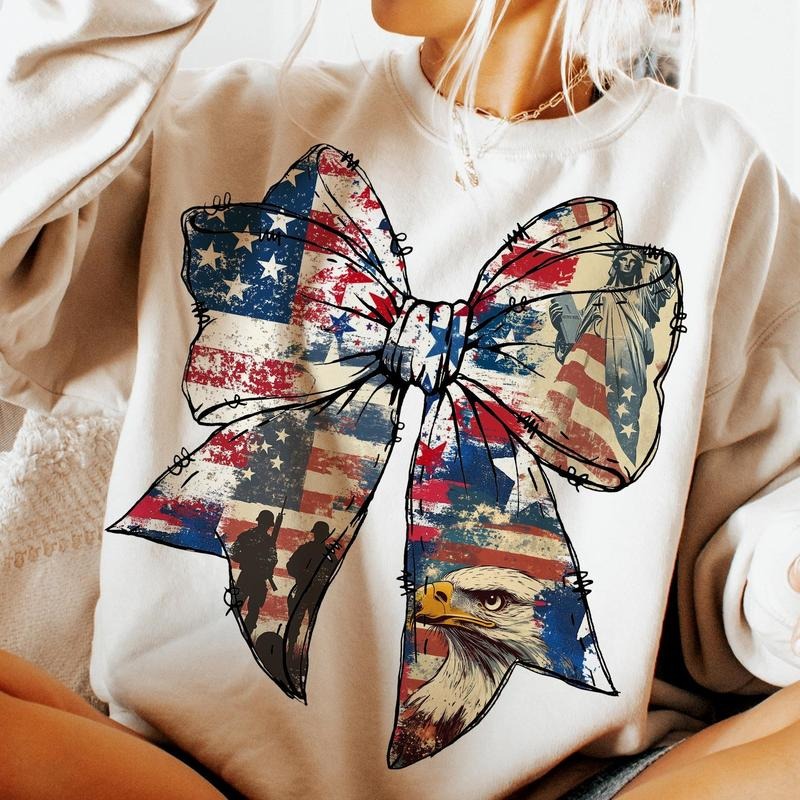American Flag Bow Sweatshirt Coquette 4th of July Shirt Patriotic Retro Girl USA Crewneck 100% Cotton Hoodie | PureTeeCo.com