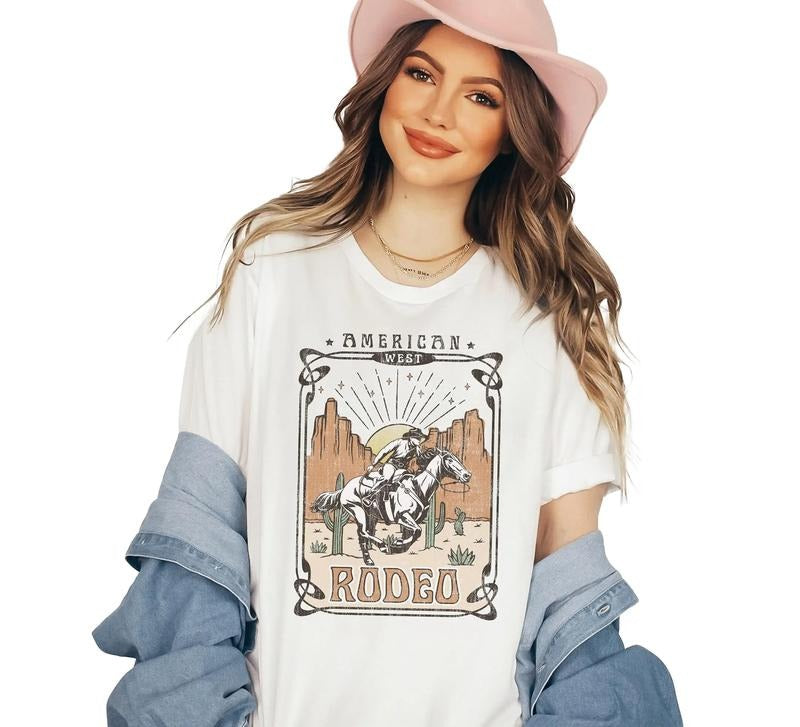 American Rodeo Cowboy T-shirt  Western Cowboy Horse Desert Cactus Retro Women Shirt