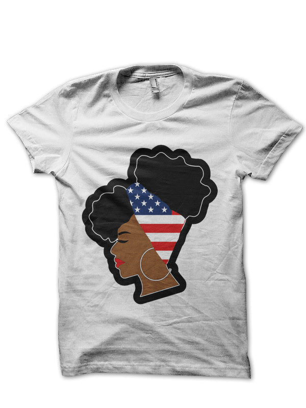 American Flag Natural Hair Puff White Half Sleeve T-Shirt
