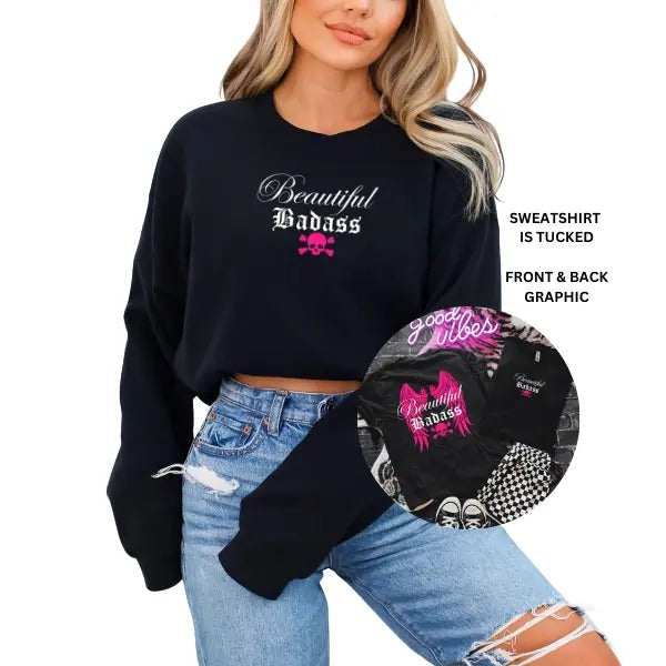 Beautiful Badass Hoodie/T-Shirt/Sweatshirt - Dark & Edgy Unisex, Skull & Crossbones w/ Angel Wings Back Graphic, Hot Pink...