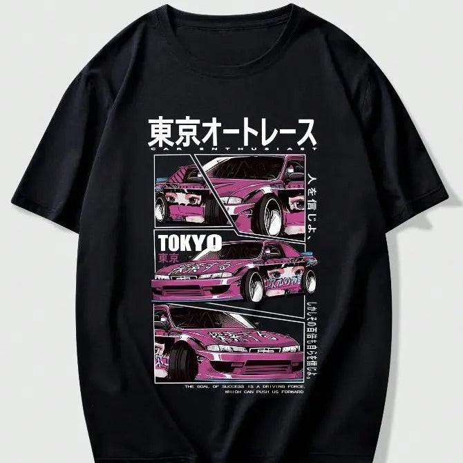 Anime JDM Car & Japanese Letter Graphic Tee Streetwear Shortsleeve Crewneck Shortsleeve Shortsleeve Hoodie, Sweatshirt