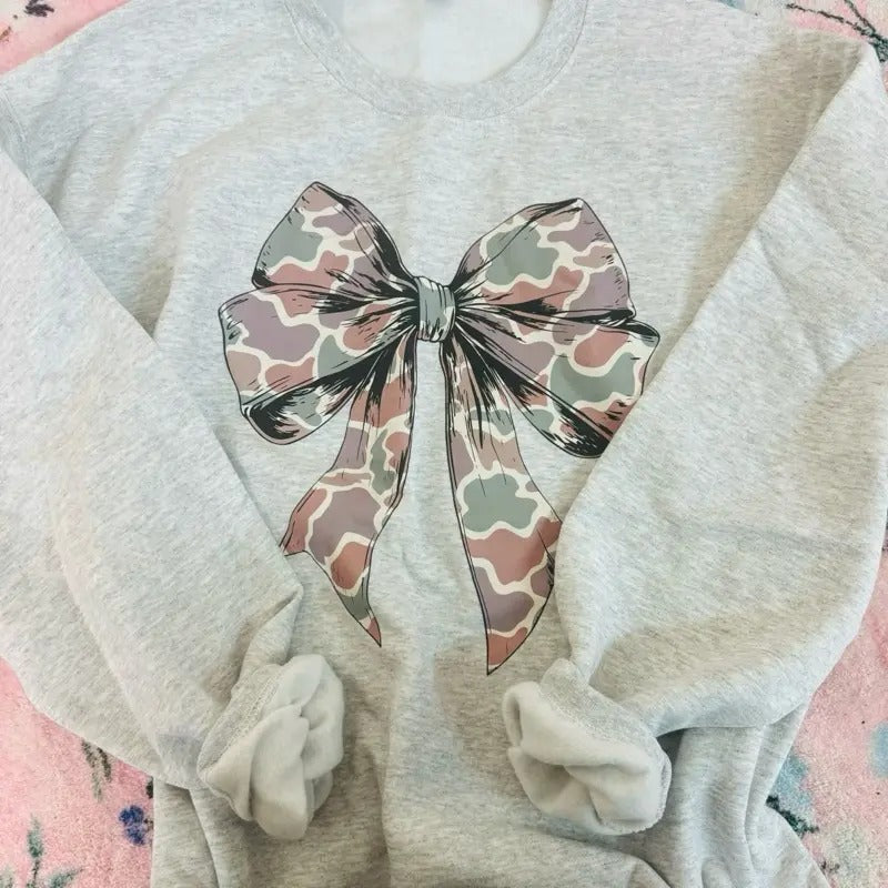 Ash Gray Camo Bow Sweatshirt T-Shirts, Hoodie | PureTeeCo.com