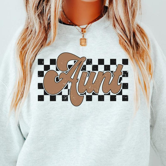 Auntie checkered Crewneck, Retro Cotton, Crewneck Fashion Fit Sleeve Comfortable Cute, CASUAL COTTON CREWNECK HOODIE, WOMENS SWEATSHIRT Womenswear Athletic Basic Day Long Sleeves Mama
