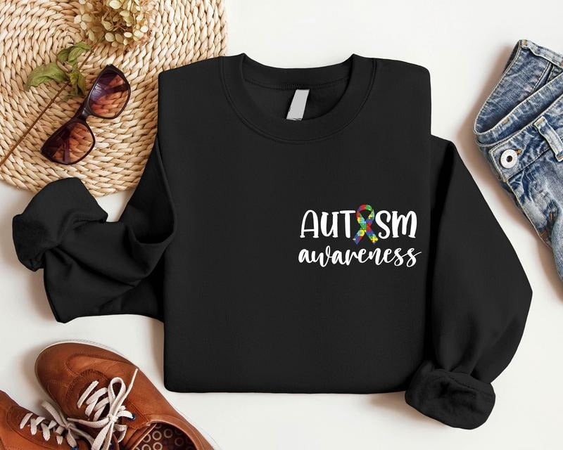 Autism Pocket Size Sweatshirt, Awareness Hoodie, Unisex Acceptance Long Sleeve, Ribbon Gift Sweatshirt For Autism,...