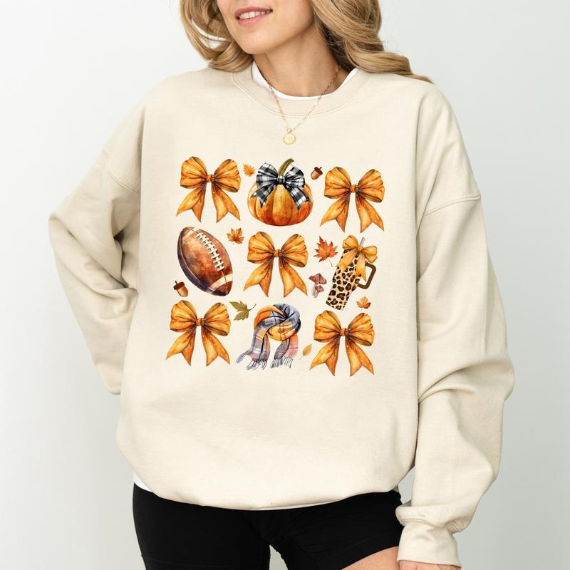 Autumn Girly Coquette Bow Sweatshirt, Vintage Fall Vibes Crewneck, Fall Basics Sweatshirt for Girls, Aesthetic Autumn...