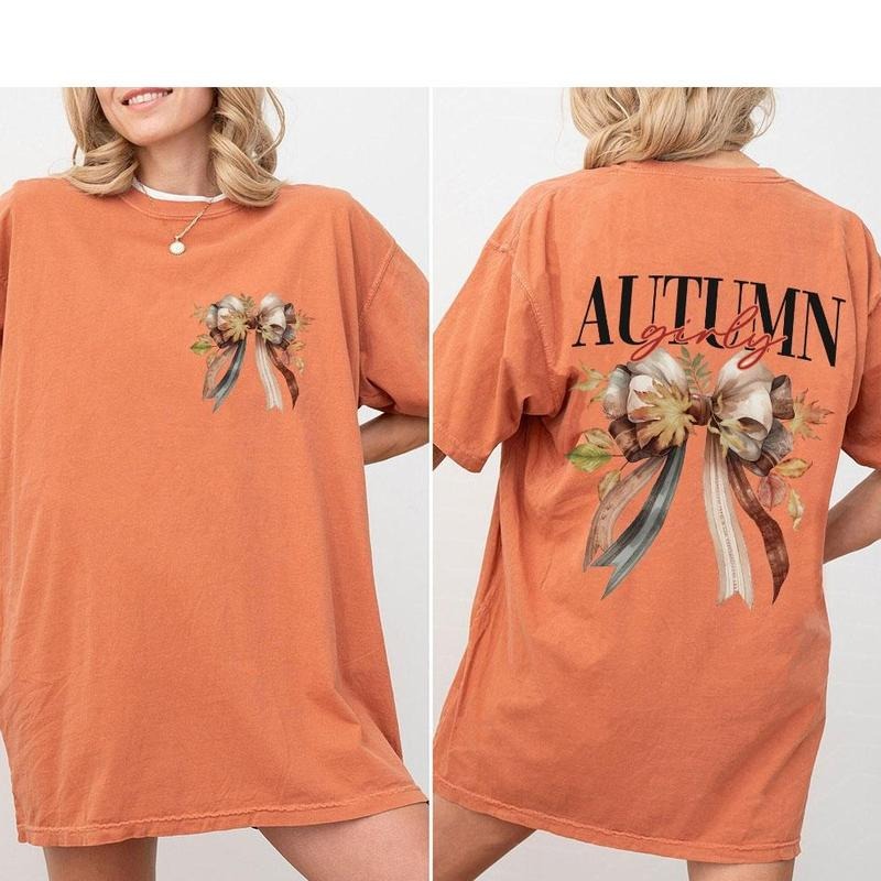 Autumn Girly T-shirt, Retro Fall Shirts, Coquette Autumn Shirt For Women, Fall Floral T-shirts, Pumpkin Patch Shirts,...