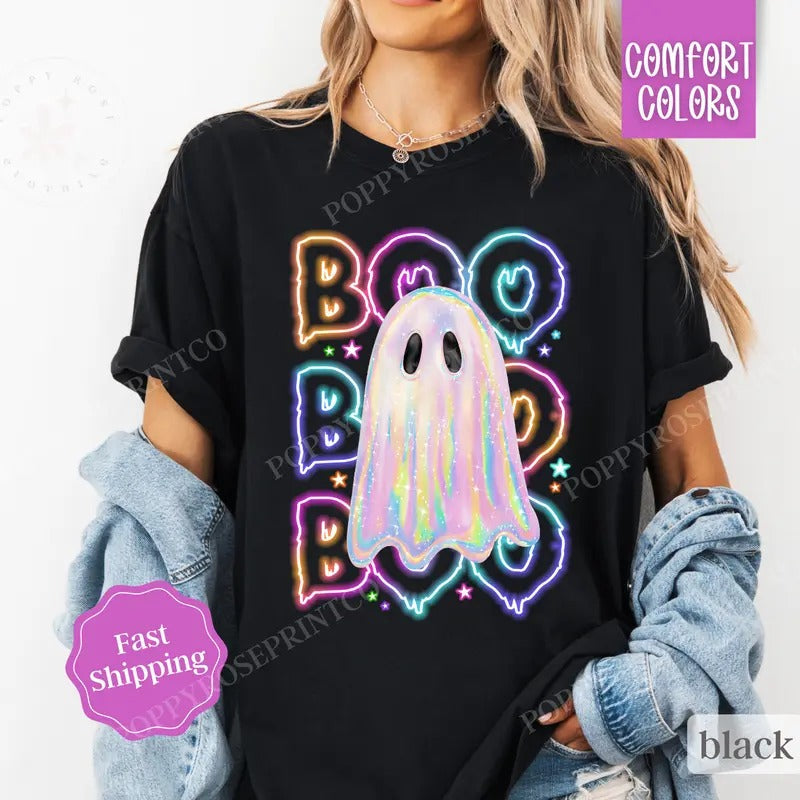 BOO Ghost Neon Shirt Comfort Colors Halloween Tshirt,  Women's Holiday Tee Hoodie, Sweatshirt | PureTeeCo.com