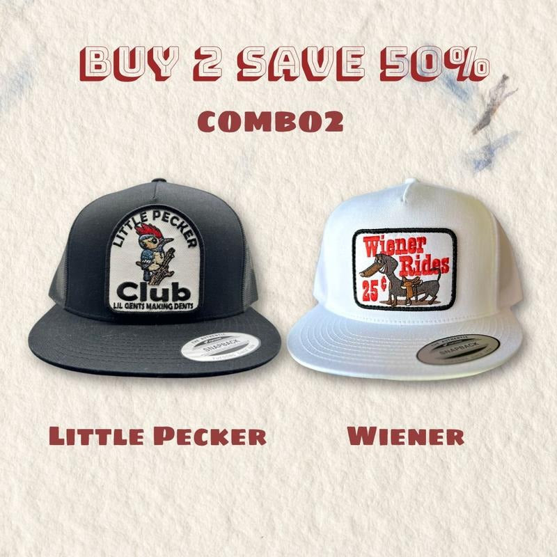 [BUY 2 SAVE 50%] Set 2 Hat Retro Little Pecker Lil Gent Patch Trucker Hat Classic Black, Wiener Rides 25' Patch Trucker Hat, Adult Size