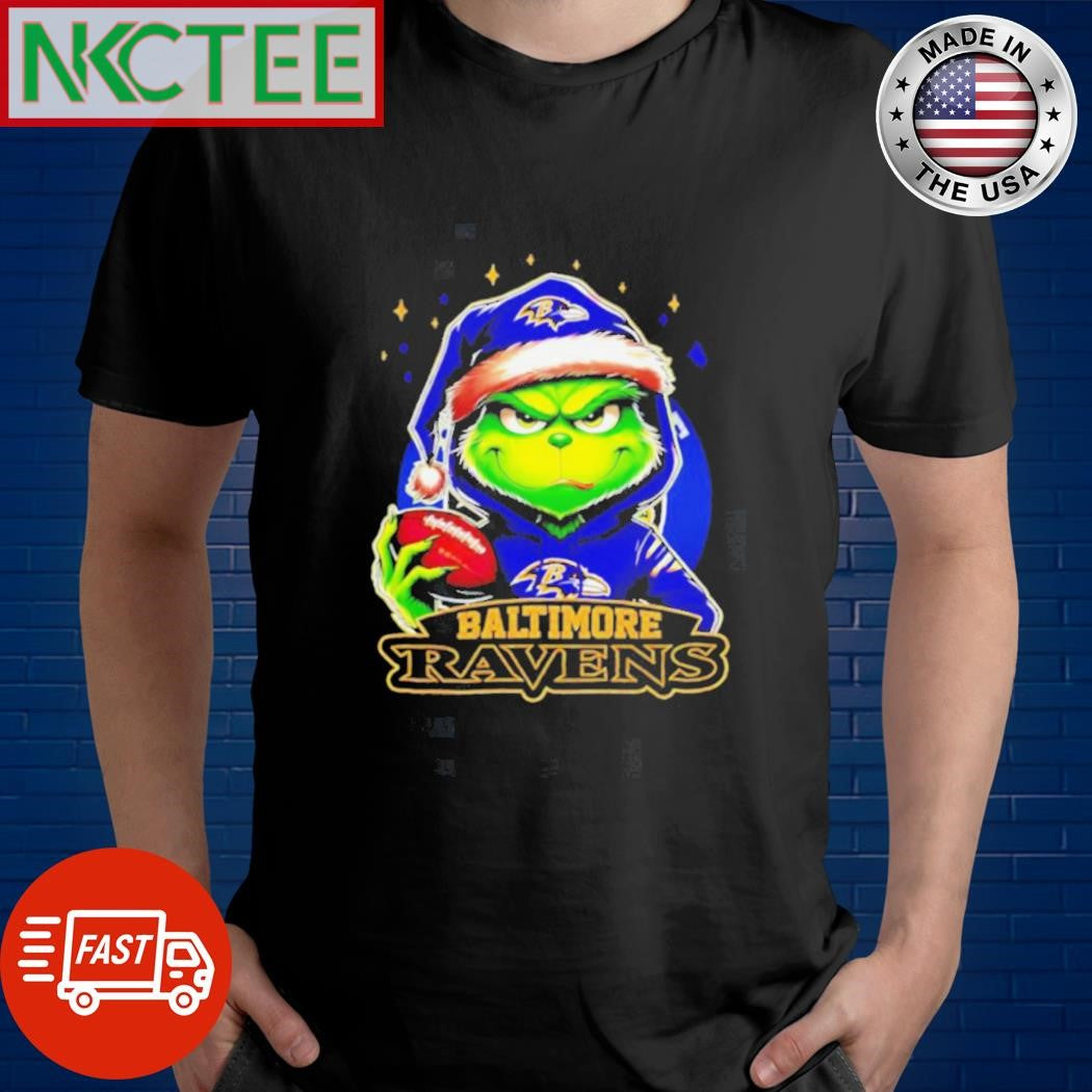 Baltimore Ravens Grinch wearing Santa hat Christmas 2024 shirt