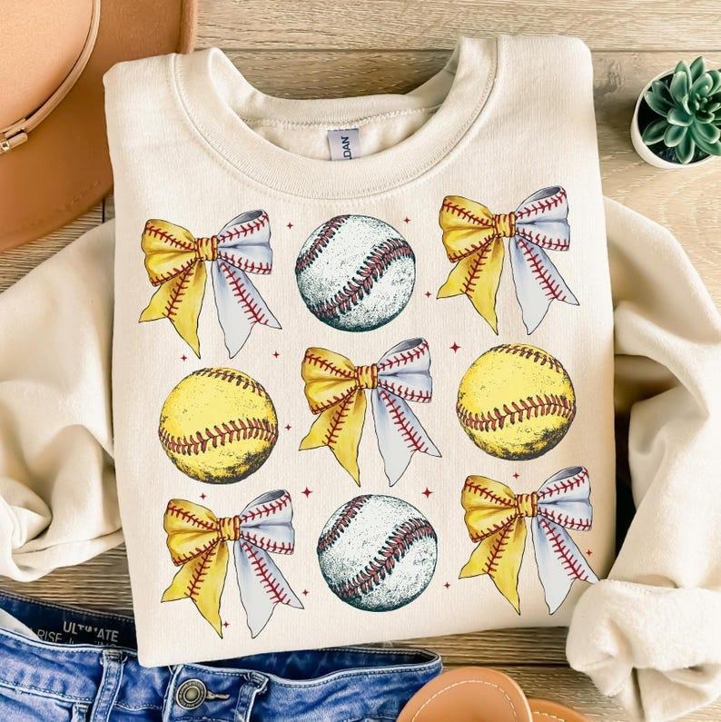 Baseball Softball Bow Sweatshirt Retro Sports Coquette Baseball Softball Mama Game Day T-Shirts, Hoodie | PureTeeCo.com
