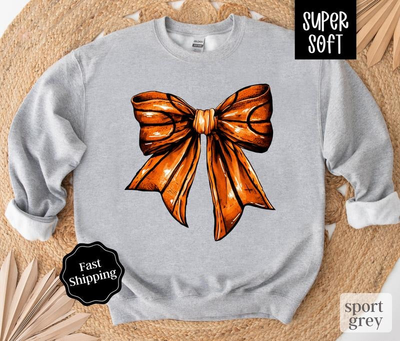 Basketball Bow Sweatshirt, Game Day Basketball Crewneck, Womens Sweatshirt, Fall Sweater T-Shirts, Hoodie | PureTeeCo.com
