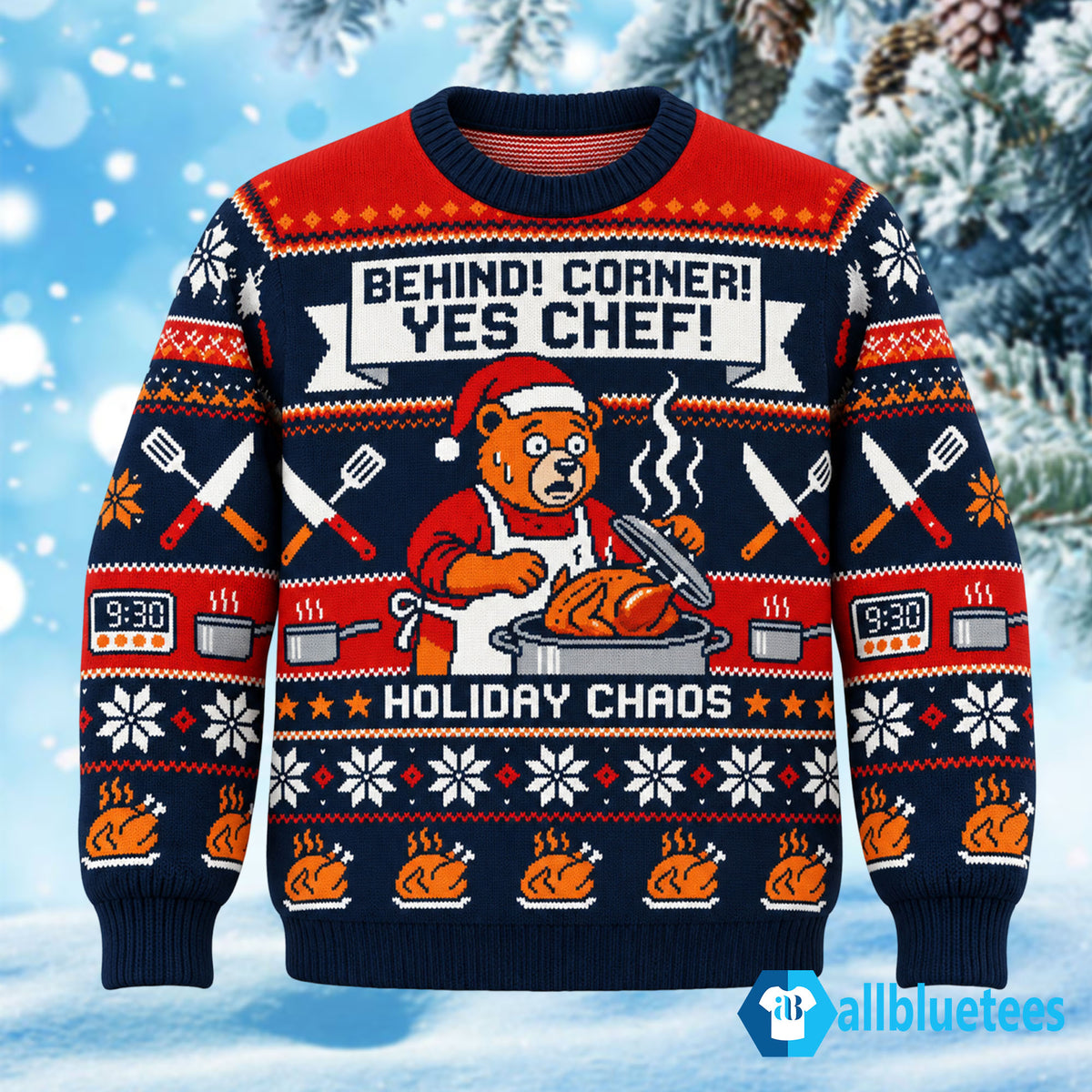 Behind Corner Yes Chef Holiday Chaos Ugly Christmas Sweater
