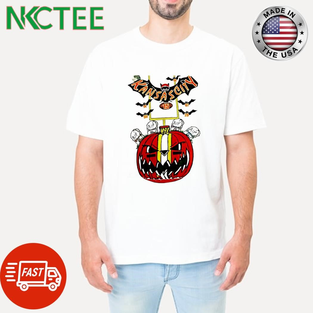 Best Kansas City Chiefs bats hold ball RIP Bronco Raiders Patriots pumpkin Halloween shirt