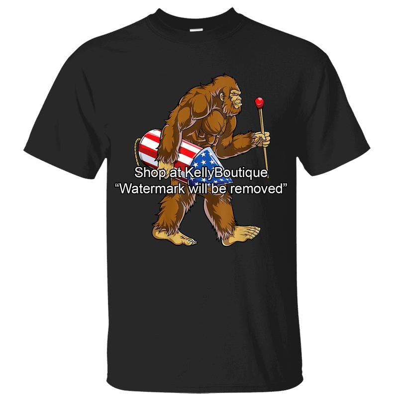 Bigfoot Fireworks 4th of July Sasquatch American Flag US T-Shirt, Independence Day Patriotic Front Sided Design Unisex...