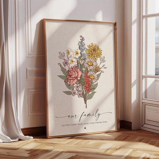 Birth Flowers Family Bouquet Poster, Mothers Day Gift for Grandma, Birth Month Flower Art, Custom Birthday Gift For Mom, Personalized Mother's Day Poster