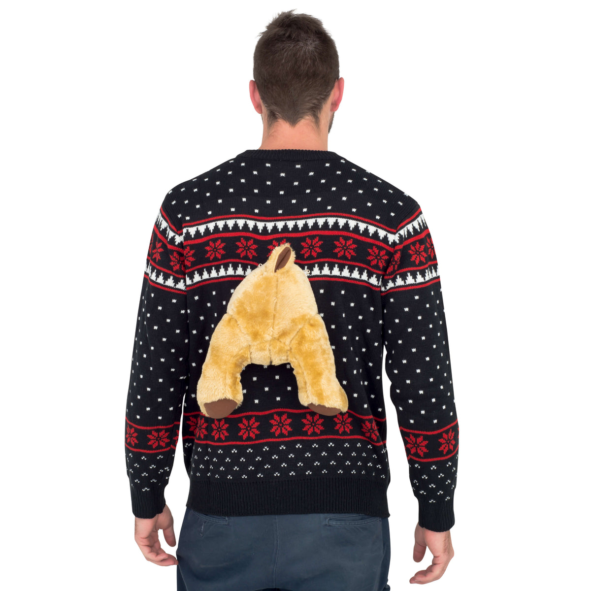 Black 3-D Ugly Christmas Sweater with Stuffed Moose