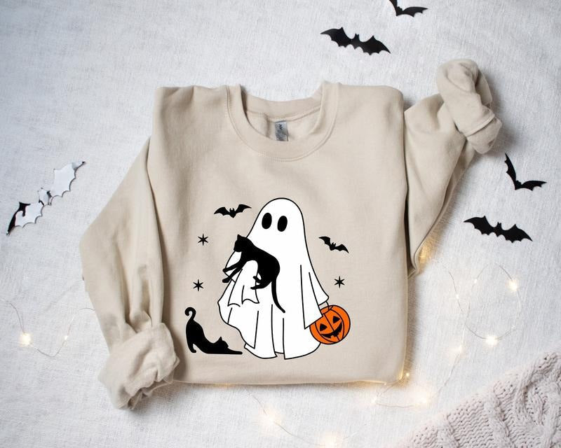 Black Cat Ghost Halloween Shirt, Ghost Holding Black Cat Halloween Sweatshirt, Pumpkin Halloween Sweatshirt, Ghost Shirt,...