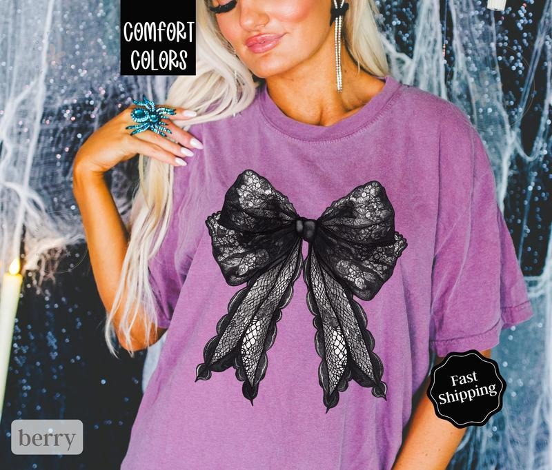 Black Lace Bow Shirt Comfort Colors, Coquette Halloween Tshirt for Women,  October Vibes Shirt Oversized Crewneck Tee...
