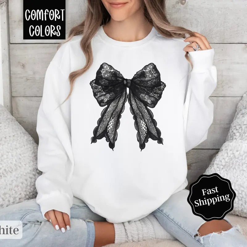 Black Lace Bow Sweatshirt Comfort Colors, Coquette Ribbon Crewneck,  Trendy Women's Sweater T-Shirts, Hoodie | PureTeeCo.com