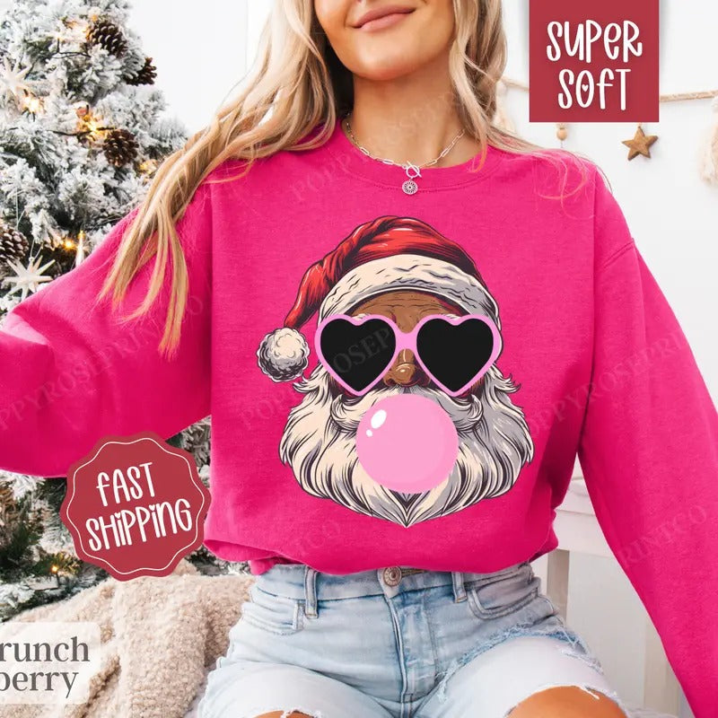 Black Santa Bubble Sweatshirt, Merry Christmas Sweater, Women's Holiday Crewneck funny santa T-Shirts, Hoodie | PureTeeCo.com